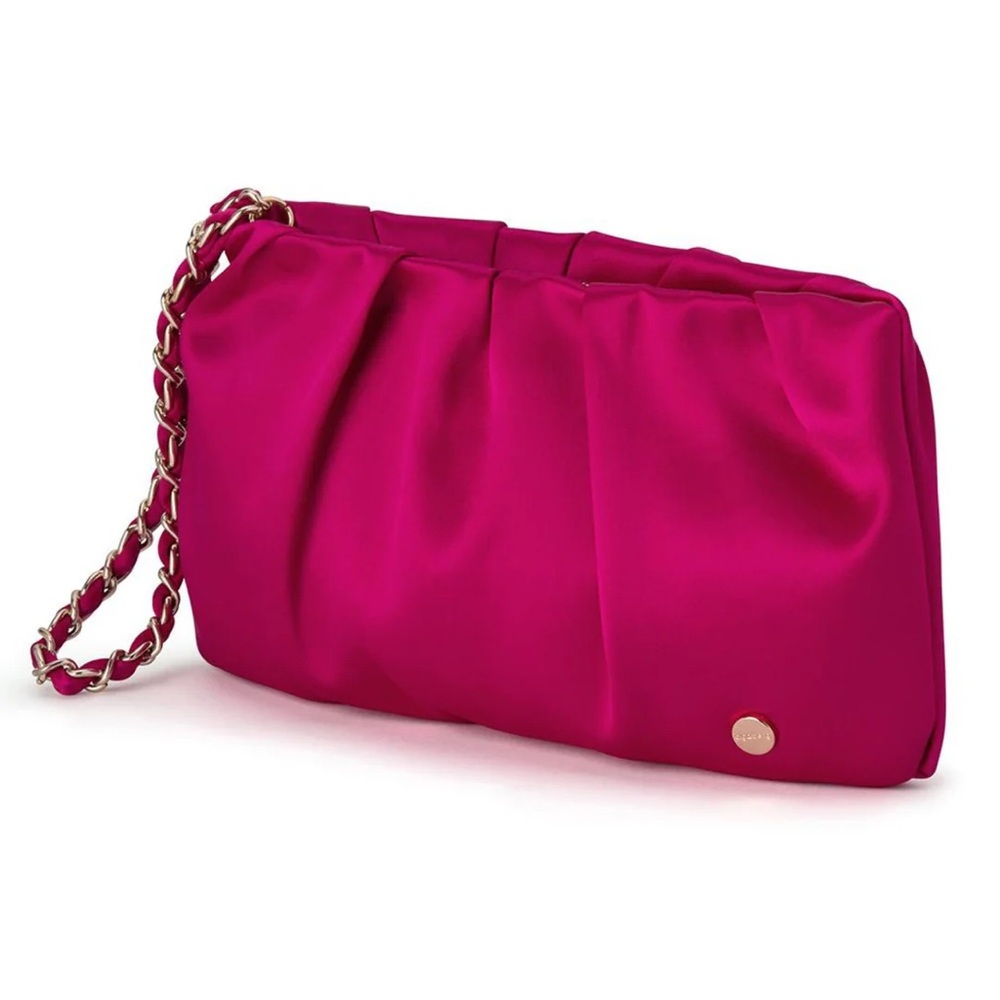 OLGA BERG Danni Pleated Satin Clutch in Fuchsia